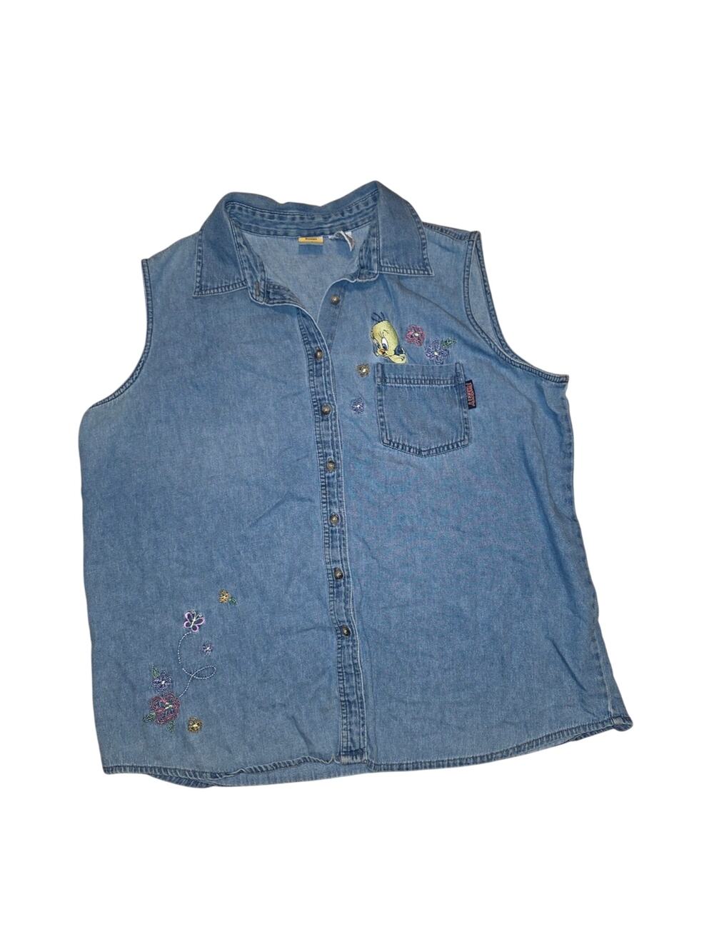 Vtg Tweety Bird Embroidered Denim Shirt Sleeveless Size 18/20W Looney Tunes